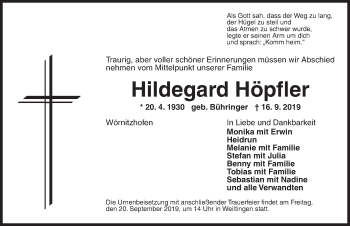 Traueranzeige von Hildegard Höpfler von Dinkelsbühl/ Feuchtwangen