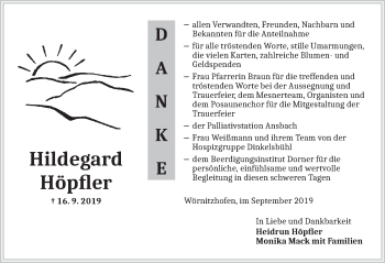 Traueranzeige von Hildegard Höpfler von Dinkelsbühl/ Feuchtwangen