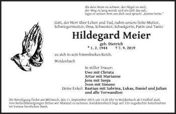 Traueranzeige von Hildegard Meier von Ansbach