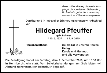 Traueranzeige von Hildegard Pfeuffer von Neustadt/ Scheinfeld/ Uffenheim