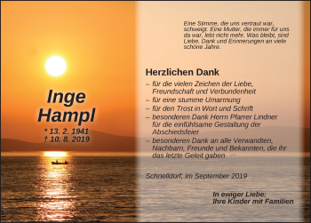 Traueranzeige von Inge Hampl von Dinkelsbühl/ Feuchtwangen