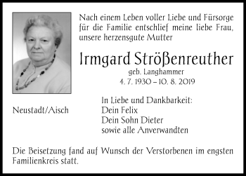 Traueranzeige von Irmgard Strößenreuther von Neustadt/ Scheinfeld/ Uffenheim