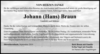 Traueranzeige von Johann Braun von Neustadt/ Scheinfeld/ Uffenheim