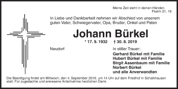 Traueranzeige von Johann Bürkel von Ansbach