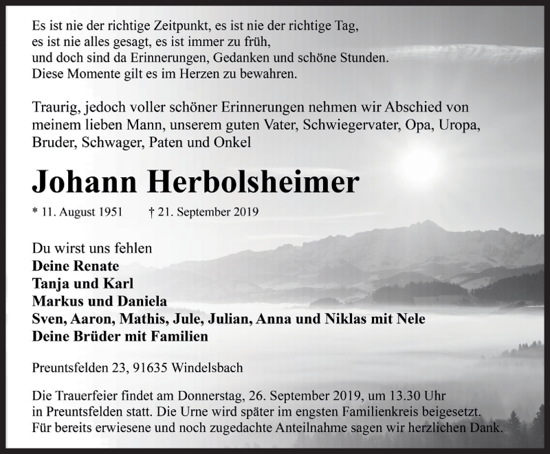  Traueranzeige für Johann Herbolsheimer vom 24.09.2019 aus Rothenburg