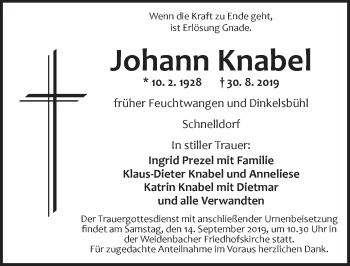 Traueranzeige von Johann Knabel von Ansbach