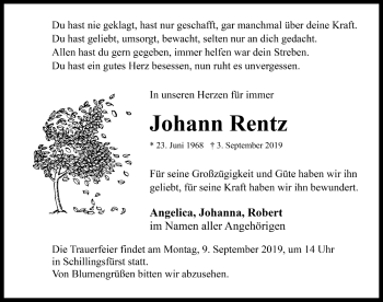 Traueranzeige von Johann Rentz von Rothenburg