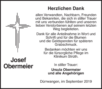 Traueranzeige von Josef Obermeier von Dinkelsbühl/ Feuchtwangen