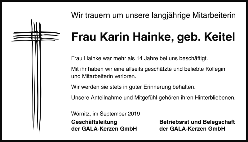  Traueranzeige für Karin Hainke vom 20.09.2019 aus Rothenburg