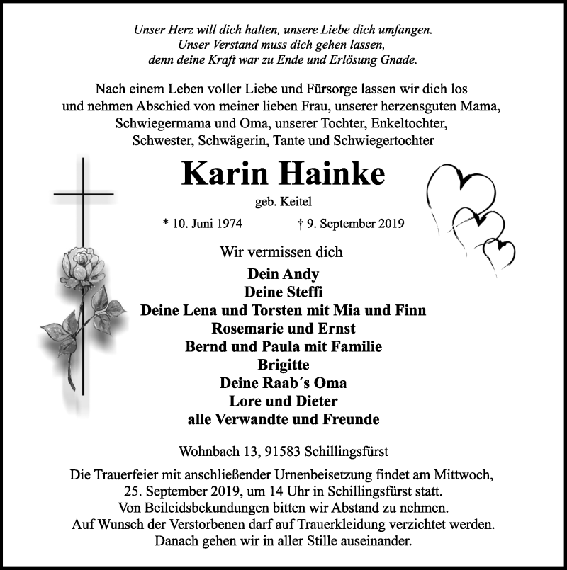  Traueranzeige für Karin Hainke vom 20.09.2019 aus Gesamtausgabe