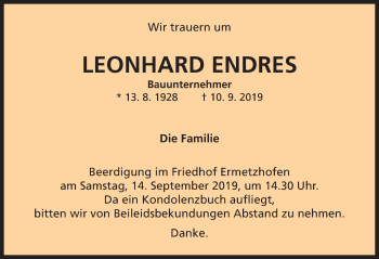 Traueranzeige von Leonhard Endres von Neustadt/ Scheinfeld/ Uffenheim