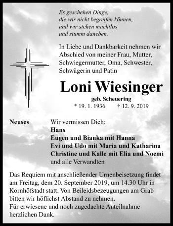 Traueranzeige von Loni Wiesinger von Neustadt/ Scheinfeld/ Uffenheim