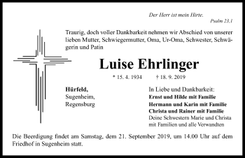 Traueranzeige von Luise Ehrlinger von Neustadt/ Scheinfeld/ Uffenheim