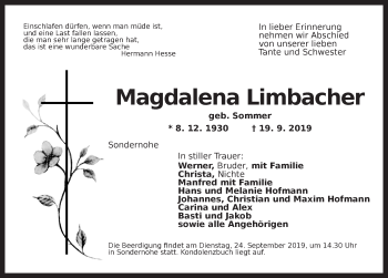 Traueranzeige von Magdalena Limbacher von Ansbach