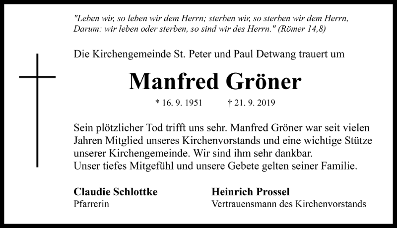  Traueranzeige für Manfred Gröner vom 25.09.2019 aus Rothenburg