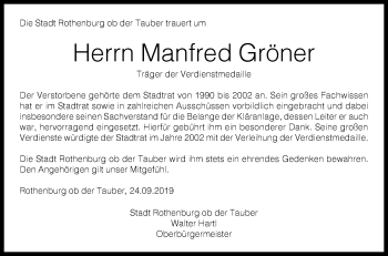 Traueranzeige von Manfred Gröner von Rothenburg