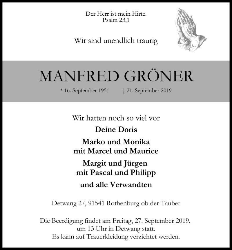  Traueranzeige für Manfred Gröner vom 25.09.2019 aus Rothenburg