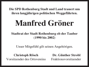 Traueranzeige von Manfred Gröner von Rothenburg