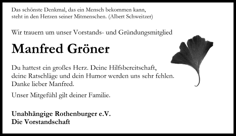  Traueranzeige für Manfred Gröner vom 25.09.2019 aus Rothenburg