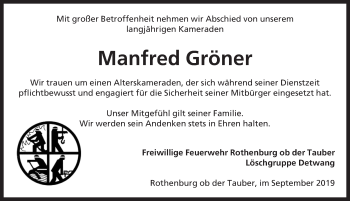 Traueranzeige von Manfred Gröner von Rothenburg