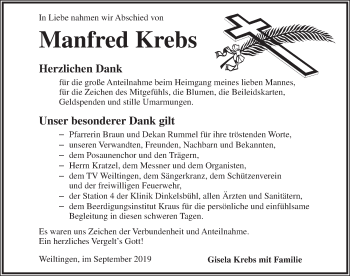 Traueranzeige von Manfred Krebs von Dinkelsbühl/ Feuchtwangen