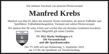 Traueranzeige von Manfred Krebs von Dinkelsbühl/ Feuchtwangen