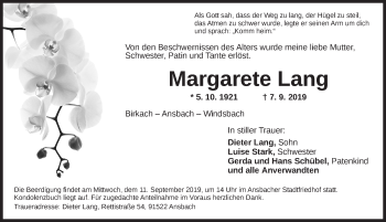 Traueranzeige von Margarete Lang von Ansbach