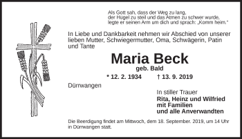 Traueranzeige von Maria Beck von Dinkelsbühl/ Feuchtwangen