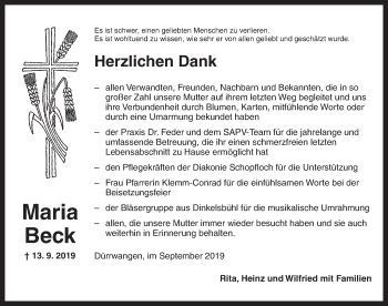 Traueranzeige von Maria Beck von Dinkelsbühl/ Feuchtwangen
