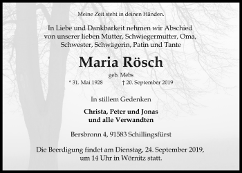 Traueranzeige von Maria Rösch von Rothenburg