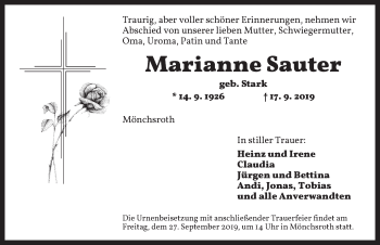 Traueranzeige von Marianne Sauter von Dinkelsbühl/ Feuchtwangen