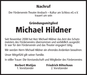 Traueranzeige von Michael Hildner von Ansbach