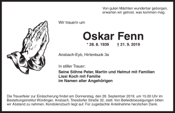 Traueranzeige von Oskar Fenn von Ansbach