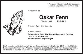 Traueranzeige von Oskar Fenn von Dinkelsbühl/ Feuchtwangen