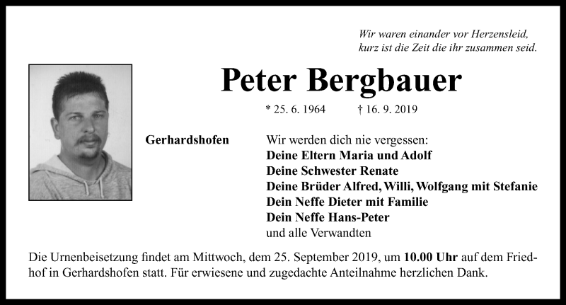  Traueranzeige für Peter Bergbauer vom 21.09.2019 aus Neustadt/ Scheinfeld/ Uffenheim