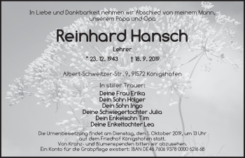 Traueranzeige von Reinhard Hansch von Dinkelsbühl/ Feuchtwangen