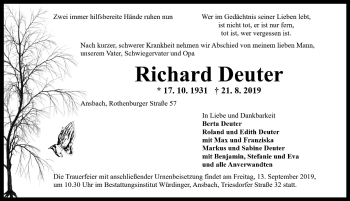 Traueranzeige von Richard Deuter von Ansbach