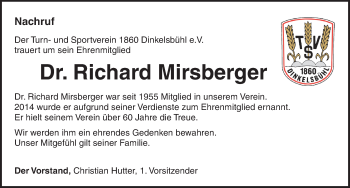 Traueranzeige von Richard Mirsberger von Dinkelsbühl/ Feuchtwangen