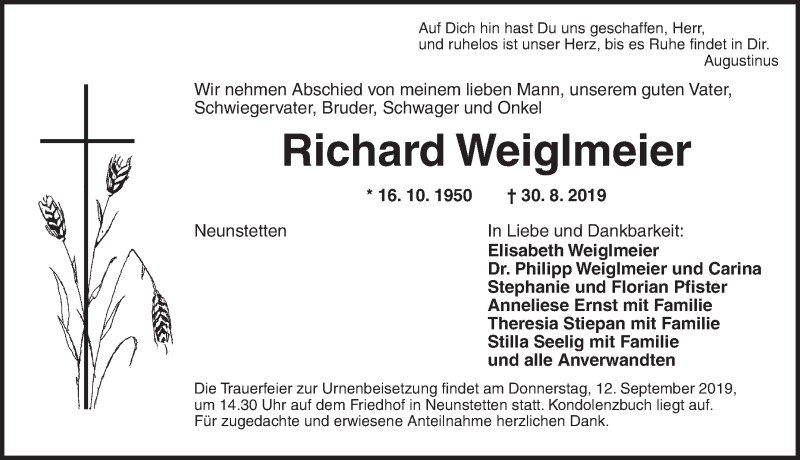  Traueranzeige für Richard Weiglmeier vom 09.09.2019 aus Dinkelsbühl/ Feuchtwangen