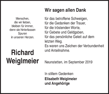 Traueranzeige von Richard Weiglmeier von Ansbach