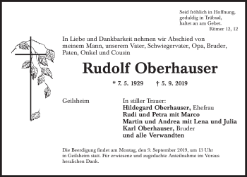 Traueranzeige von Rudolf Oberhauser von Dinkelsbühl/ Feuchtwangen