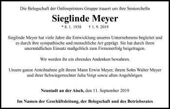 Traueranzeige von Sieglinde Meyer von Rothenburg