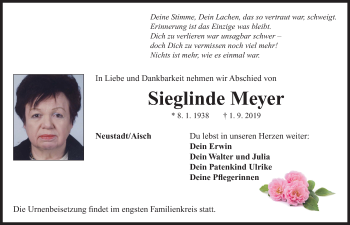 Traueranzeige von Sieglinde Meyer von Neustadt/ Scheinfeld/ Uffenheim