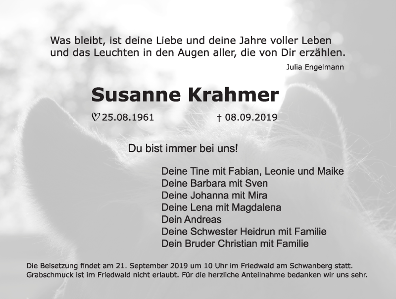  Traueranzeige für Susanne Krahmer vom 14.09.2019 aus Neustadt/ Scheinfeld/ Uffenheim