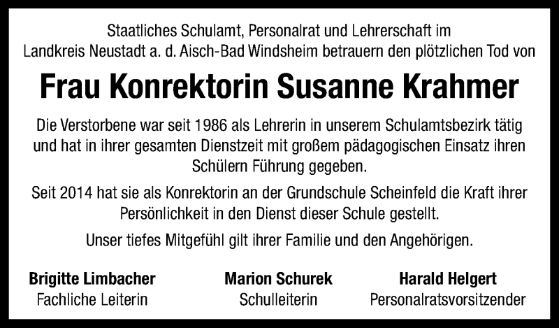  Traueranzeige für Susanne Krahmer vom 17.09.2019 aus Neustadt/ Scheinfeld/ Uffenheim