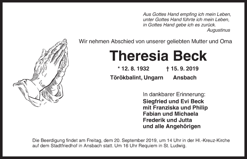  Traueranzeige für Theresia Beck vom 18.09.2019 aus Ansbach