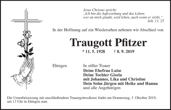 Traueranzeige von Traugott Pfitzer von Dinkelsbühl/ Feuchtwangen