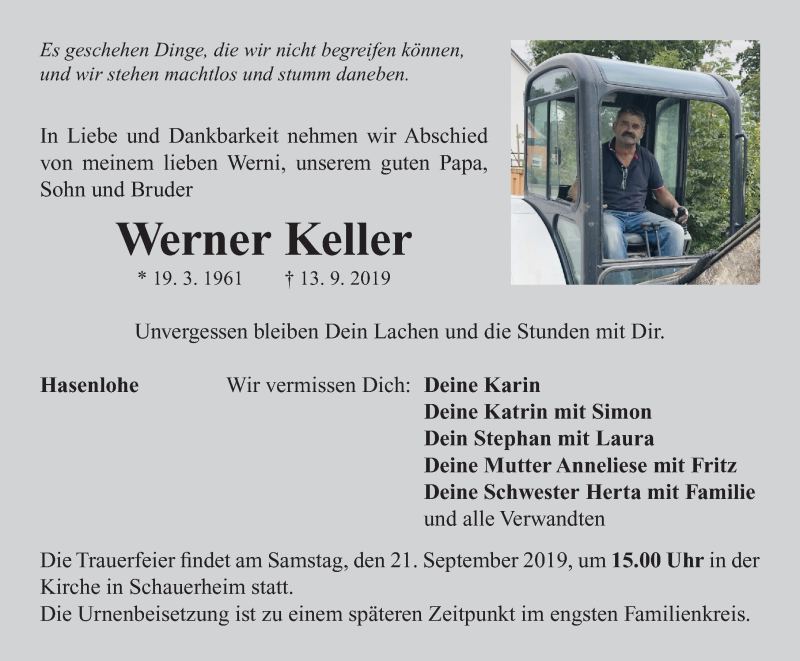  Traueranzeige für Werner Keller vom 19.09.2019 aus Neustadt/ Scheinfeld/ Uffenheim
