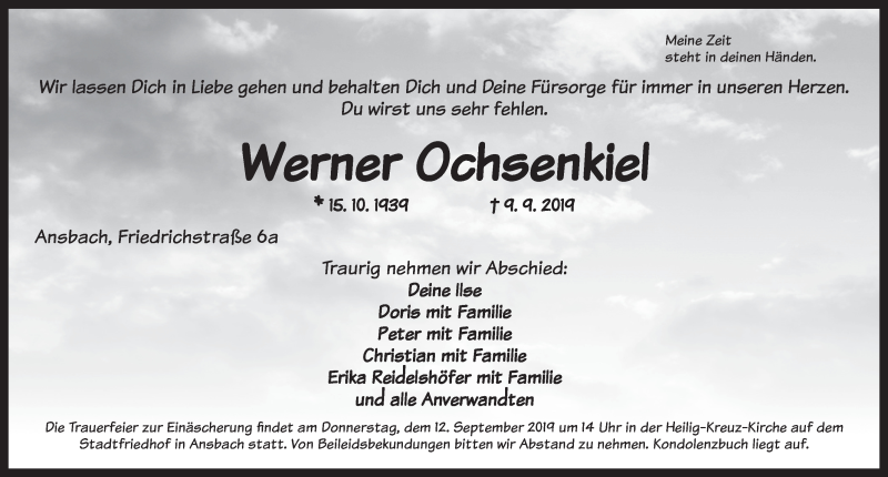  Traueranzeige für Werner Ochsenkiel vom 11.09.2019 aus Gesamtausgabe