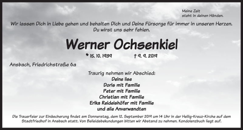  Traueranzeige für Werner Ochsenkiel vom 11.09.2019 aus Rothenburg